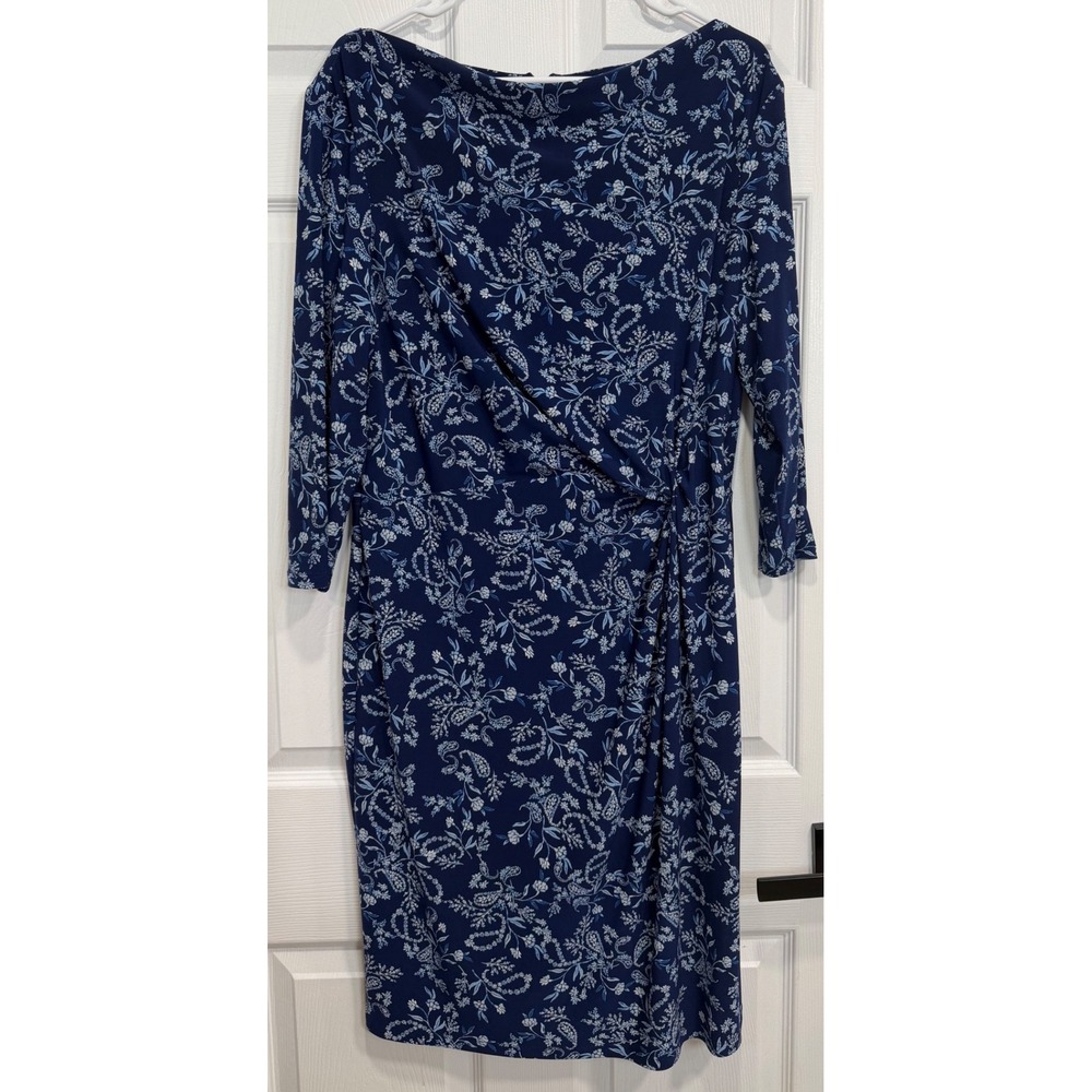 Lauren Ralph Lauren Dress Womens 16 Navy Floral Paisley Ruched Sheath 3/4 Sleeve